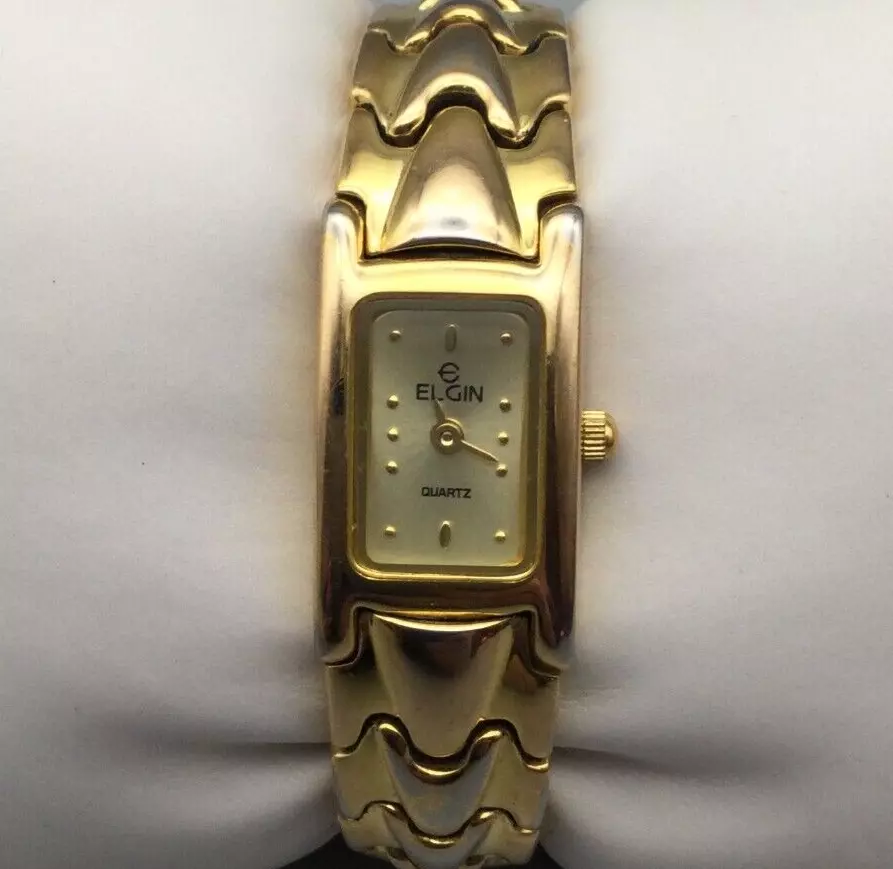 Elgin Watch Women Gold Tone Rectangle Dial New Battery 5.75