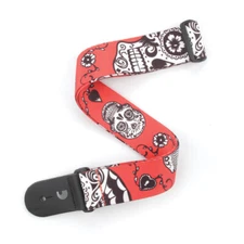 D'Addario Planet Waves Woven Guitar Strap - leather end ; Sugar Skulls Red