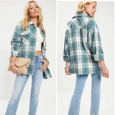 Nwt Vici Soft Blue/green White Fall Pocketed Plaid Shacket Jacket Sz. Medium