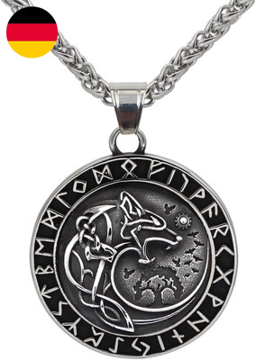 Wikinger Odin Wolf Fenrir Anhänger Halskette, Herren Gold&Silber Edelstahl Nordi