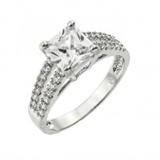 Sterling Silver CZ Stones Ladies Ring w/ 7 mm 2ct Princess Cut Center CZ Stone