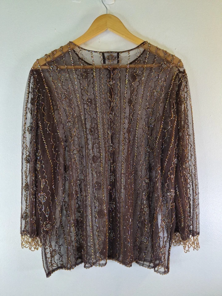 Cárdigan vintage con cuentas ONYX NITE para mujer talla grande 2x abierto transparente fiesta navideña Foto 2 de 4