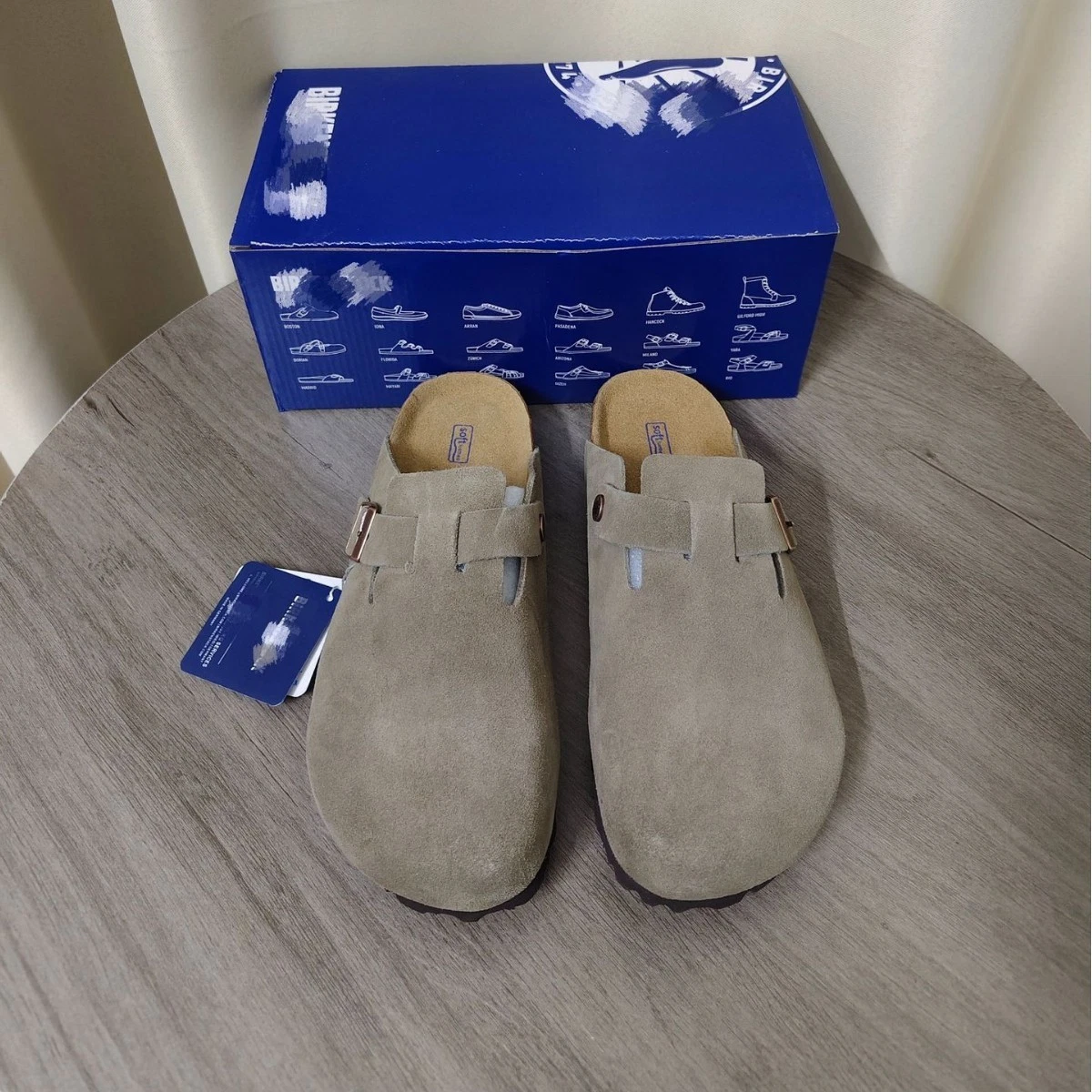 Taupe Suede Boston Style BS Clogs Casual Sandals UK Shoe Size Unisex (Taupe)