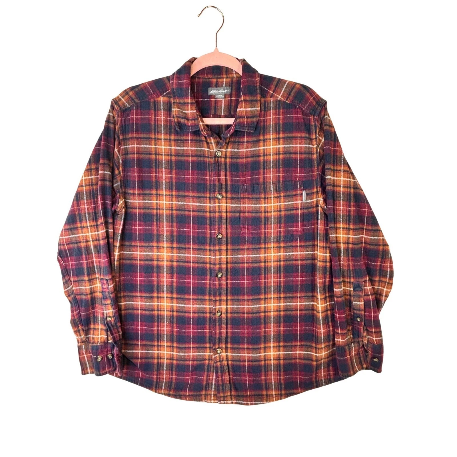 Eddie Bauer Mens Large Flannel Shirt Plaid Burgundy Orange Long Sleeve Button Up