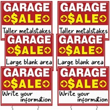 6 PCS Garage Sale Signs Double Sided 17x13 Inch Large Plastic Yard Kit Stakes
