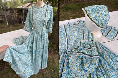 VTG Cotton Maxi Dress Floral Blue Prairie Style 1960s Purse Bonnett M B36'' W28''