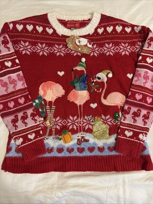 Blizzard Bay Flamingo Party Ugly Christmas Sweater Womens Small Holiday Red