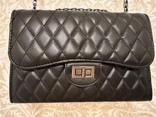 Black Diamond Quilted Handbag - Faux Leather with Chain Strap