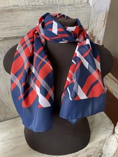 Vtg Robinson Golluber Mod Red White & Blue Plaid 100% Rectangular Scarf