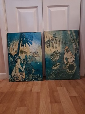 2er Set Vintage Holz Brett Rahmen Bild Ostasiatisches Motiv Wanddeko
