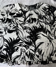 TAHARI LINEN blend Tropical Black & Creamy blouse Size L  Flawless