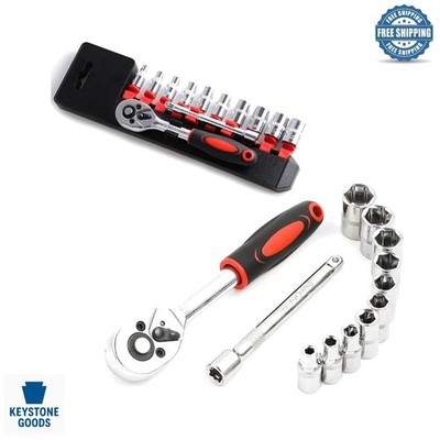 12-Piece 1/4'' Drive Chrome Vanadium Steel Socket Wrench Set with Reversible H...