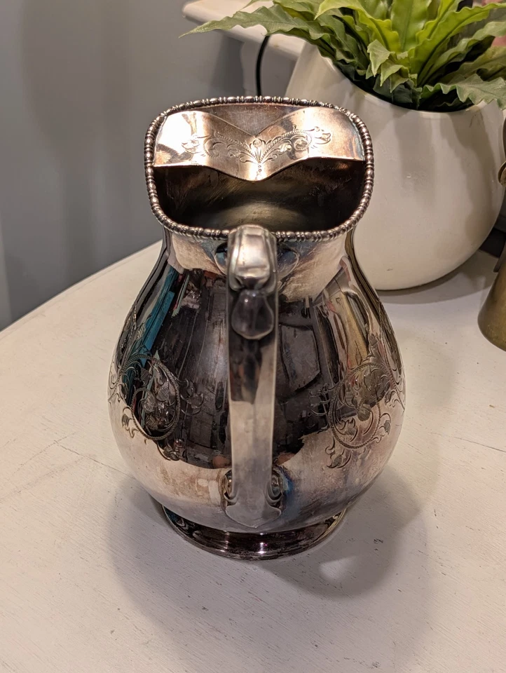 Antique Sheffield English Silver Plated Pitcher With Engraved Scrolling Leaf - Image 4 of 4