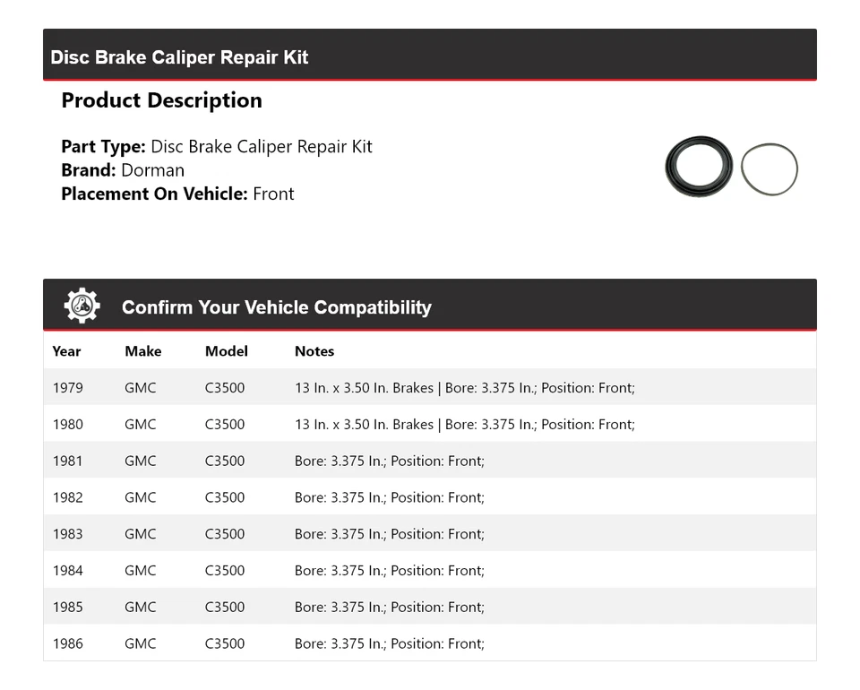 For 1979-1986 GMC C3500 Dorman Disc Brake Caliper Repair Kit Front 1980 1981 - Image 2 of 4