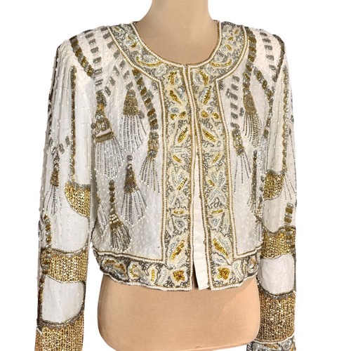 Chaqueta de seda con cuentas Laurence Kazar de colección talla L diseño borla oro blanco glamour rara - Imagen 9 de 14