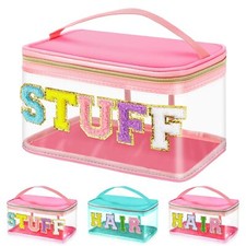 Chenille Letter Clear Makeup Bags, Preppy Pink Stuff Bag Chenille Patch Makeu...