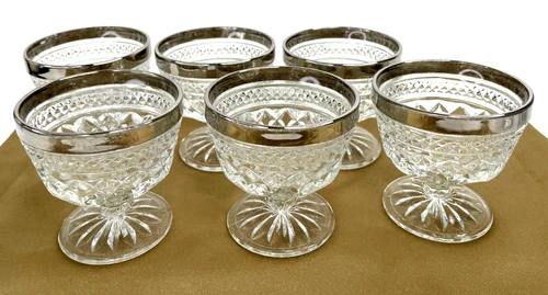 6 VINTAGE Anchor Hocking Wexford Champagne Tall Sherbet Silver Trim 3 5/8"