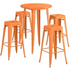 30" Round Orange Metal Restaurant Bar Table Set with 4 Backless Barstools Chairs