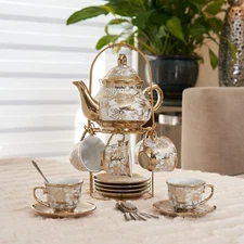 20pc Tea Set. Tea Pot 6 Cups + Saucers &Rack Coffee Cup Set Gold Color 3 oz Cups