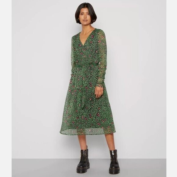 NWT Vero Moda Carolina Midi Dress  Green Chiffon Sheer V-Neck Small Cottagecore