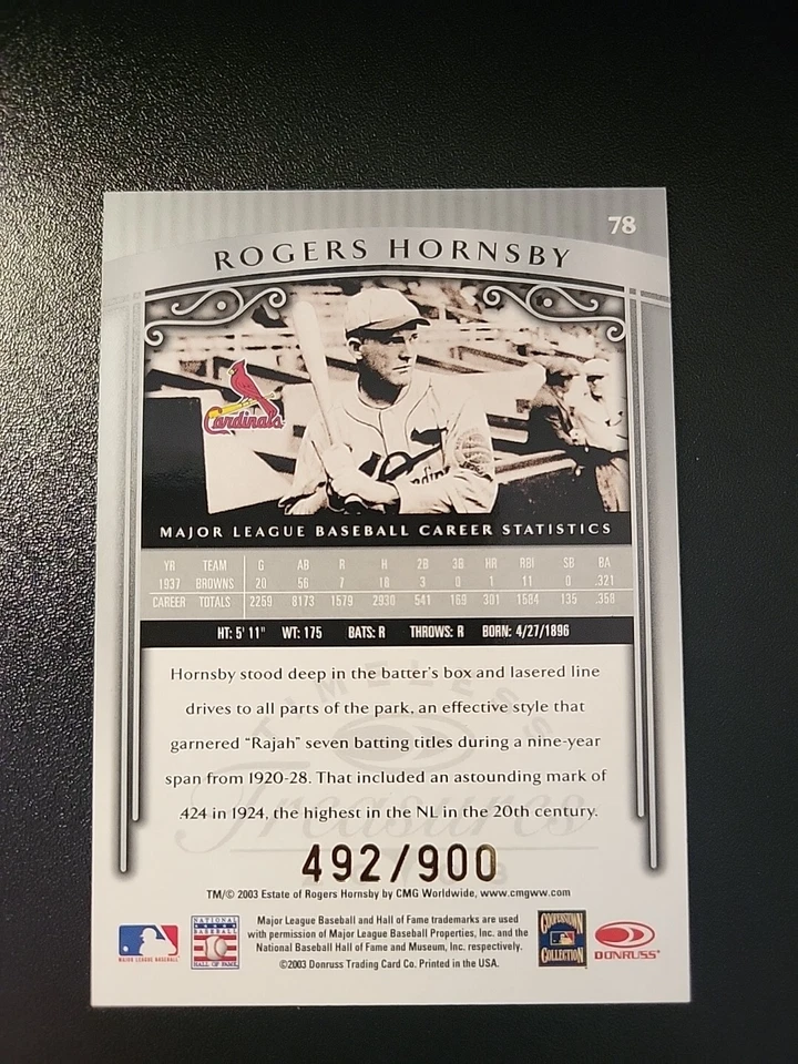 2003 Donruss Timeless Treasures # 78 - ROGERS HORNSBY - HOF # /900 Cardinals - Image 3 of 3