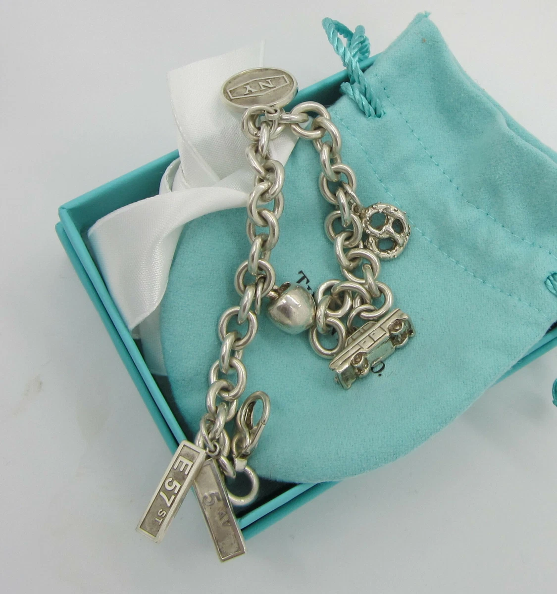 Estate Tiffany & Co Sterling Silver NEW YORK Apple Cab Pretzel Charm  Bracelet