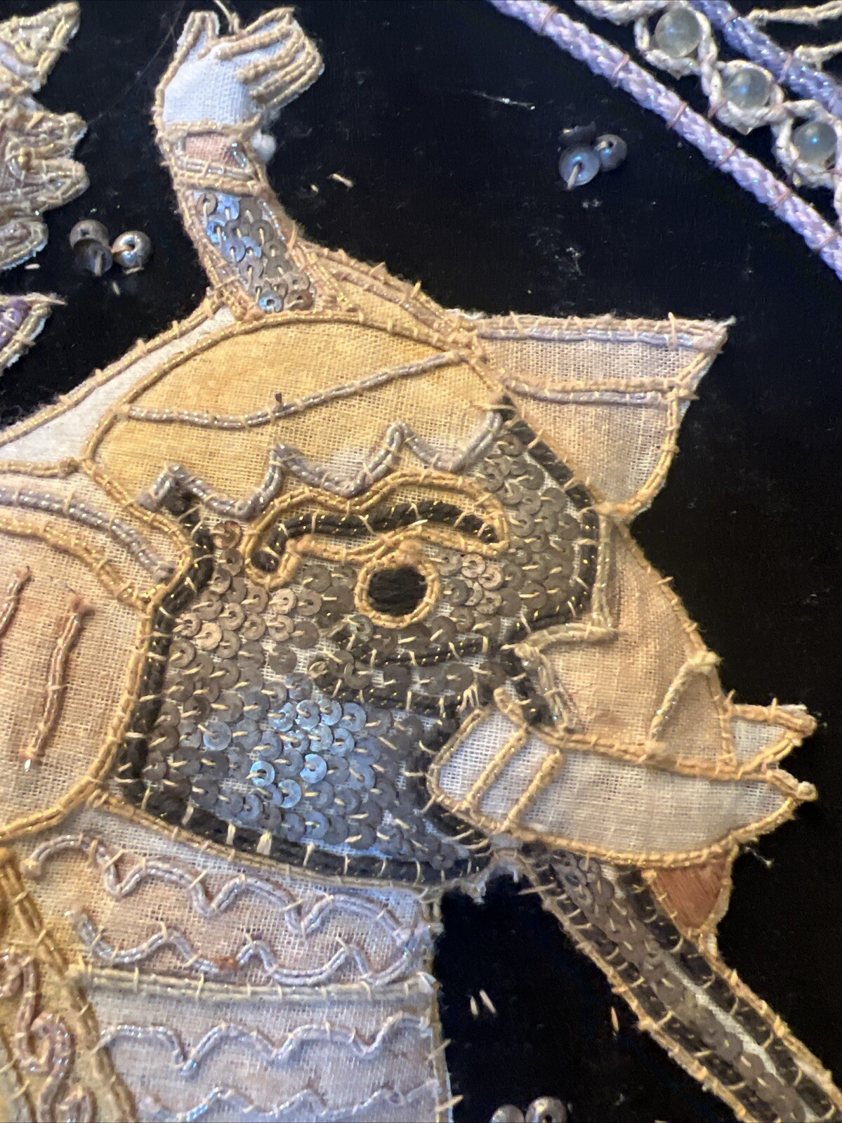 VTG Kalaga Tapestry Hand Embroidered Burmese Elephant & Warrior Mtd Framed 24x24