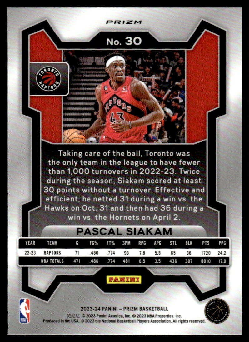 PANINI NBAカード DONRUSS OPTIC PRIZM PASCAL SIAKAM TORONTO RAPTORS 21/49 #22 送料無料 中古 IT1 2023-24 Panini Prizm GREEN PRIZM Pascal Siakam Toronto