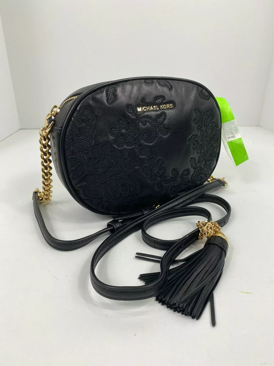 Michael Kors Ginny Crossbody Bag Black Floral Embroidered Leather Zip  Tassel B1