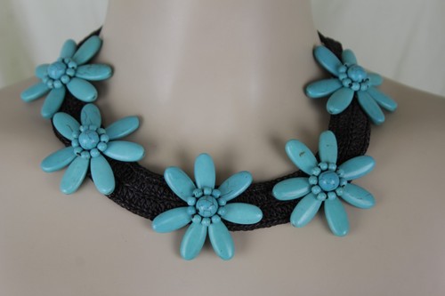 Mujeres Marrón Corto Elegante Artístico Moda Joyería Collar Azul Turquesa Flores - Imagen 2 de 12