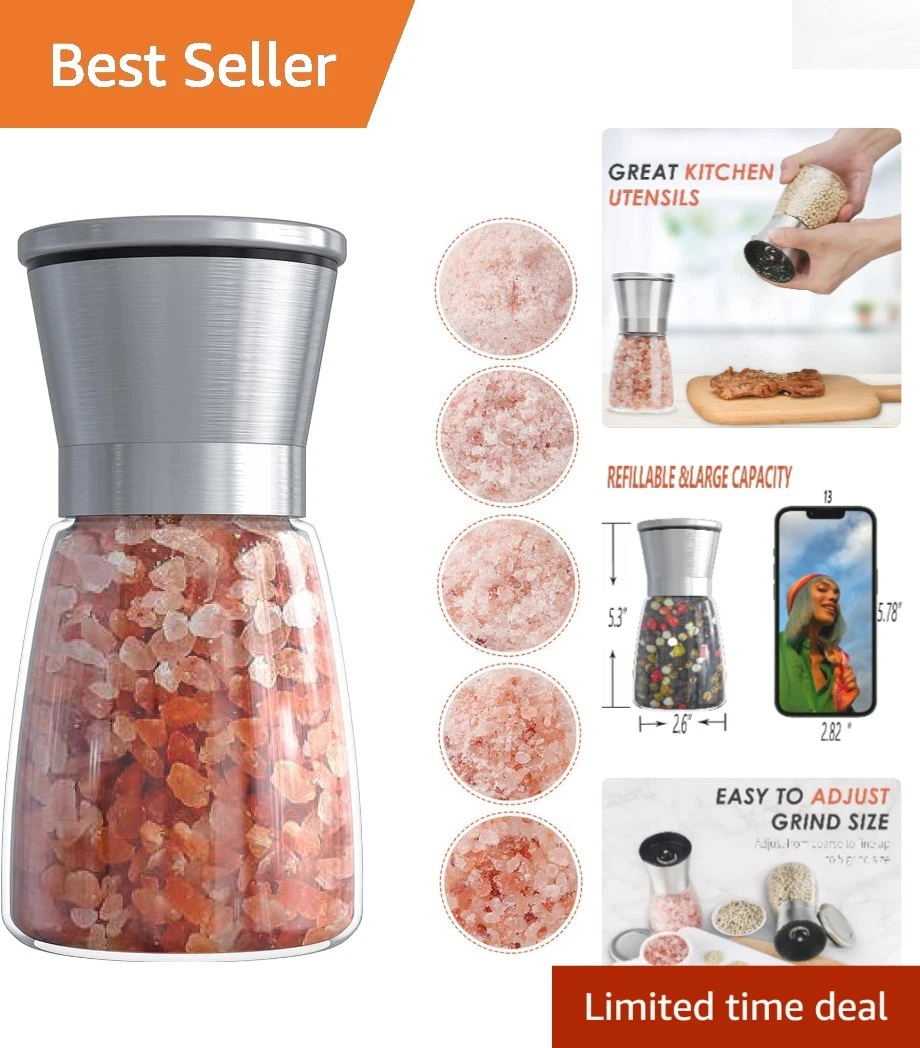Refillable Glass Salt & Pepper Mill – Stainless Steel Design, 3/4 Cup Capacity
