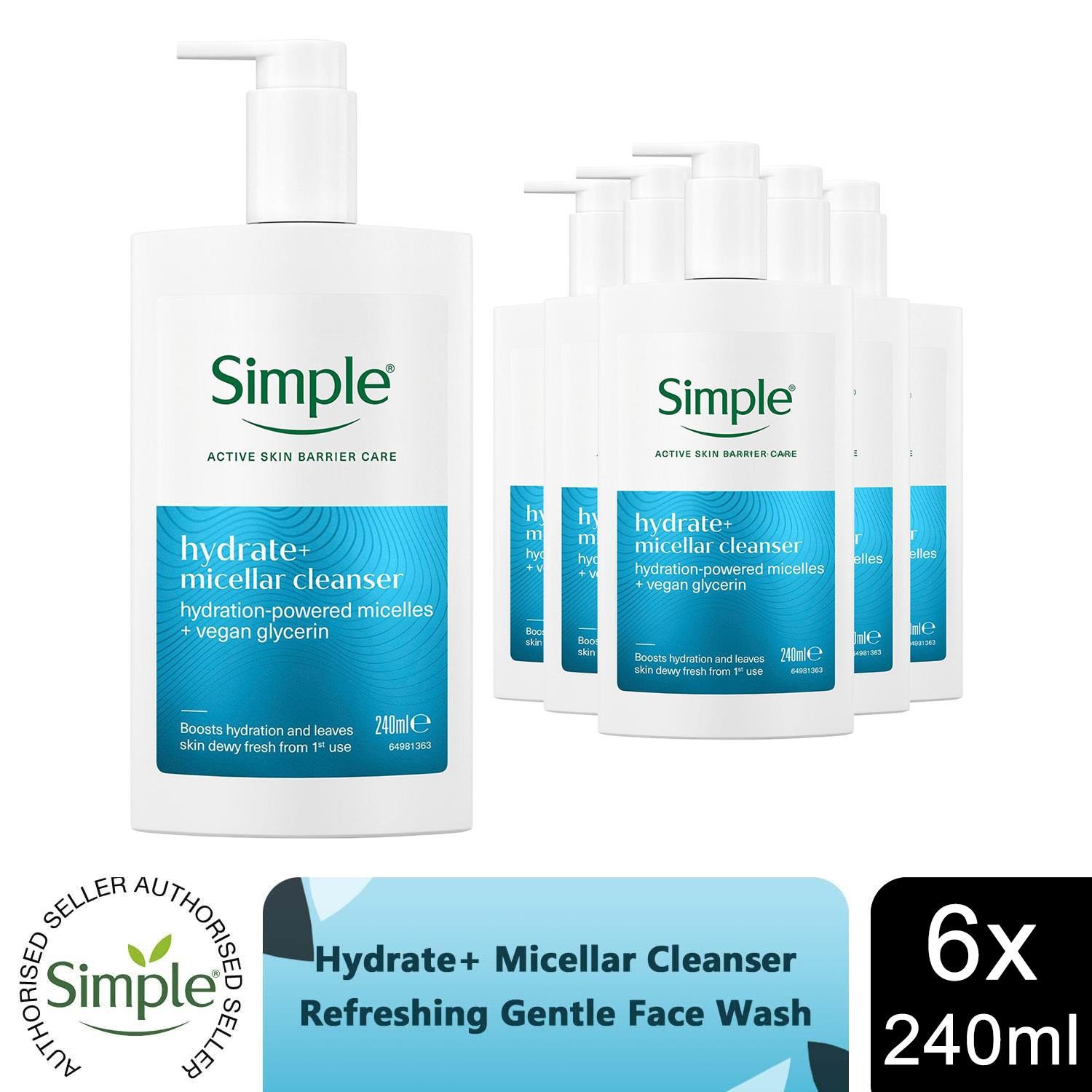 Simple Hydrate+ Micellar Cleanser Gentle Refreshing Face Wash 240ml, 6 Pack