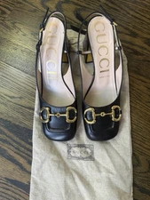 Gucci GUC Black Horsebit Slingback Pumps Size 38