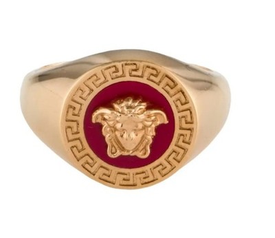 Versace Red Enamel & Gold Color Metal Embellished Medusa Head Ring Italy Sz 19