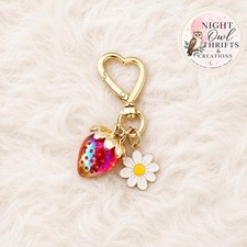 Cute Strawberry Heart Keychain  Kawaii Bag Charms  Gold daisy flower charm