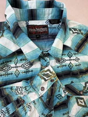 Rock & Roll Cowboy Shirt Mens XXL Black Blue Aztec Western Pearl Snap Southwest