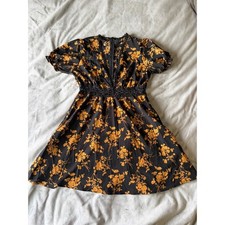 Shein Black Yellow Floral Lace Trim V-Neck Puff Sleeve Mini Dress Womens Size S