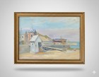 Aquarelle paysage Normandie 1938 – bord de plage, cabane de pêcheur, sous verre