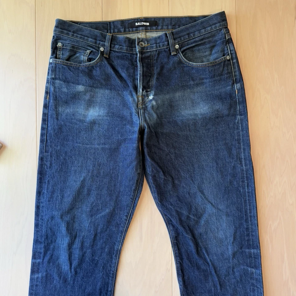 Pantalones de mezclilla Baldwin con ribete 35 azul oscuro lavado la caña rectos informales ropa de trabajo Foto 3 de 4