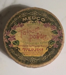 Victorian Medco Borated Talcum Powder Box Paper Label Leaves And Flowers 1906