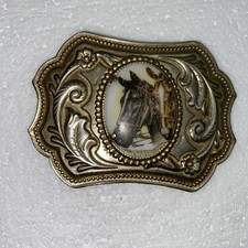 Vintage Western Belt Buckle Brass Horse Theme Oval Portrait Two Horse Heads