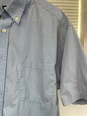 Puritan Wrinkle Resistant Shirt L Blue Plaid Short Sleeve Button Down Cotton Ble