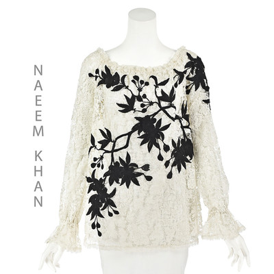 NAEEM KHAN White Guipure Lace Peasant Blouse w/Black Embroidered Flowers SZ M/L