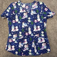 Scrubstar Scrub Top Women's Medium Blue Winter Holidays Snowman Penguin Stretchy