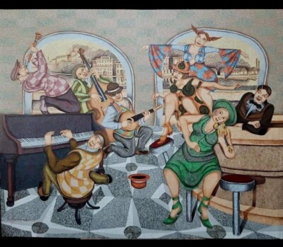 Mario Ayra ,acrylic/canvas 57x45inch ''La Contribucion al Sombrero'' Cuban Art