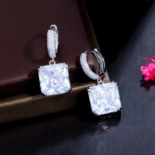 Silver Plated Square Zircon Crystal Dangle Huggie Hoop Earrings Women CZ Jewelry