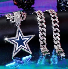 DALLAS COWBOYS Silver CZ Chain Fan Jewelry Bling Hip Hop Pendant And 24" Chain