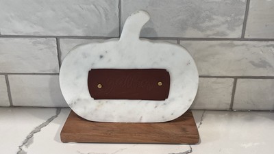 Marble Pumpkin Carved Gather Plaque Heavy 7.5  Free Standing Fall Decor