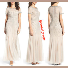 NEW Adrianna Papell Beaded Short Sleeves Godet Gown in Nude Silver SZ 12 M826