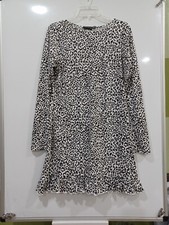 Pretty Little Thing Women's 16 Black & White Leopard Print Long Slv Frill Dress
